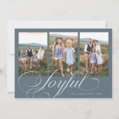 喜びのエレガントなスクリプト ネイビー マルチ フォト ホリデー シーズンカード (正面)