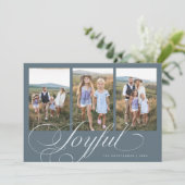 喜びのエレガントなスクリプト ネイビー マルチ フォト ホリデー シーズンカード (スタンド正面)