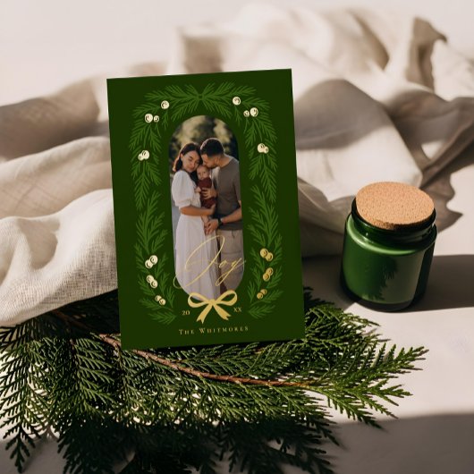喜びのエレガントな冬の松の木のリース フォトフレーム 箔シーズンカード