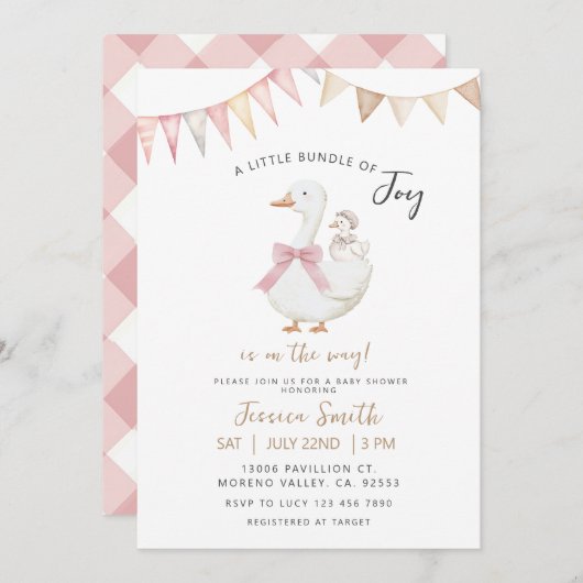 喜びのガチョウの赤ちゃんシャワーの小さな束 招待状 (正面/裏面)
