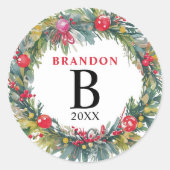 喜びのクリスマスウォーター色リース名モノグラム ラウンドシール (正面)