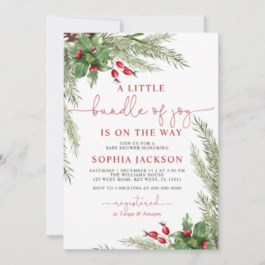 喜びのクリスマスベビーシャワーの小さな束 招待状 (正面)