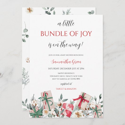 喜びのクリスマスベビーシャワーの小さな束 招待状 (正面/裏面)