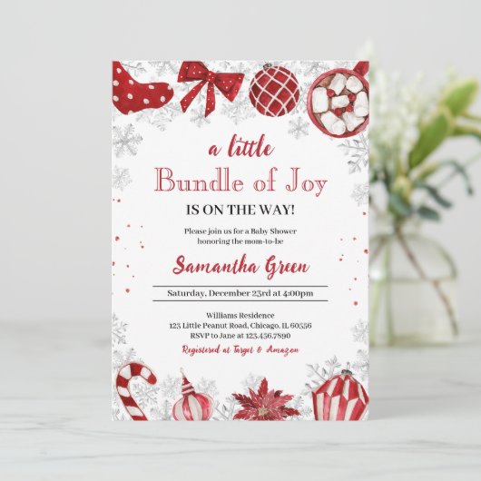 喜びのクリスマスベビーシャワーの小さな束 招待状 (スタンド正面)