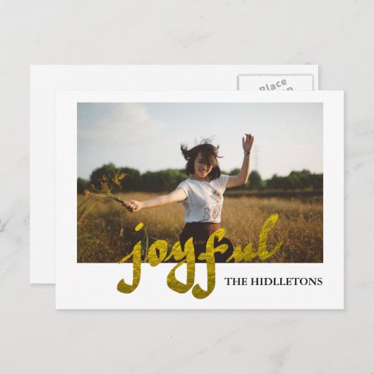 喜びのゴールドホイル モダンホリデータイポグラフィ写真 シーズンポストカード (正面/裏面)