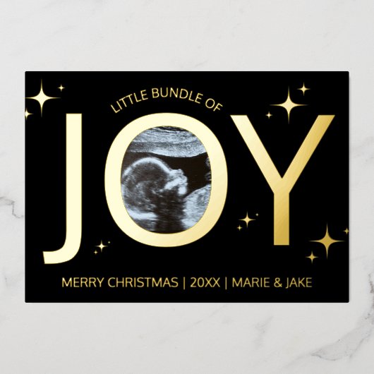 喜びのバンドル妊娠発表クリスマス 箔シーズンカード (正面)