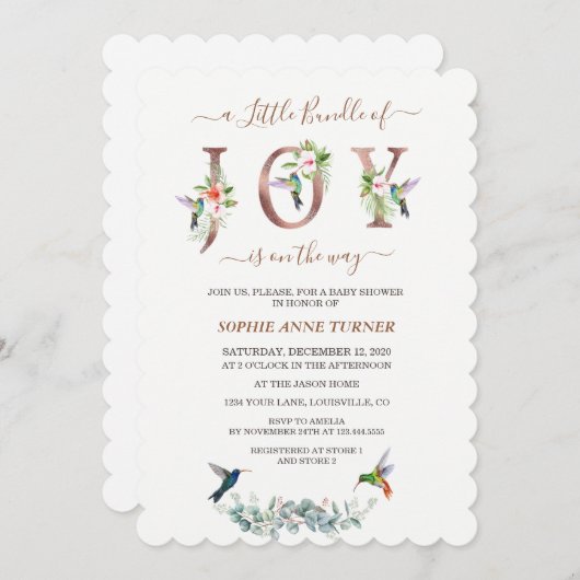 喜びのピンクのハイビスカスの赤ちゃんシャワーの小さな束 招待状 (正面/裏面)