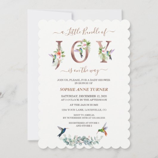 喜びのピンクのハイビスカスの赤ちゃんシャワーの小さな束 招待状 (正面)