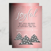 喜びのピンクメタリックスクリプトクリスマスツリーファミリー シーズンカード (正面/裏面)