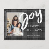 喜びのブラックチェック柄写真 Happy Holidays シーズンポストカード (正面)