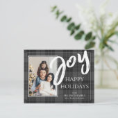 喜びのブラックチェック柄写真 Happy Holidays シーズンポストカード (スタンド正面)