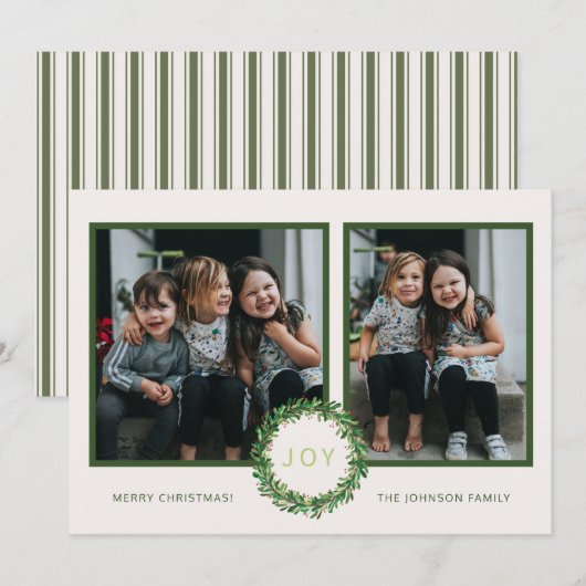 喜びのリース クリスマス ホリデー フォト カード (正面/裏面)