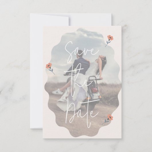 喜びのレトロピンクウェディング日付カードを保存 サンキューカード (正面)