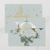 喜びの冬の木々が生い茂る森の手書き文字　ゴールドの雪 シーズンカード (正面/裏面)