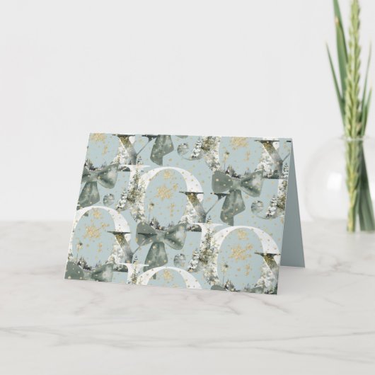 喜びの冬の森フォント 緑の弓 金の雪 シーズンカード (正面)