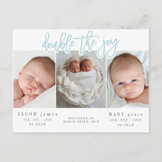 喜びの双子の誕生の発表はがきを2倍にする ポストカード (正面)