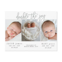 喜びの双子の誕生の発表はがきを2倍にする