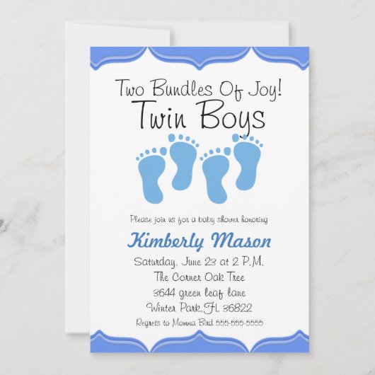 喜びの双生児の男の子のベビーシャワーの招待の2束 招待状 (正面)