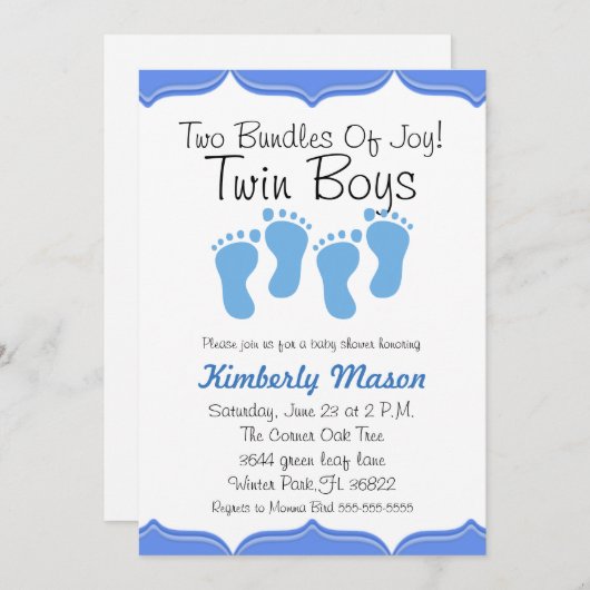 喜びの双生児の男の子のベビーシャワーの招待の2束 招待状 (正面/裏面)