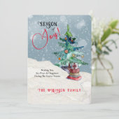 喜びの季節の水の色クリスマスツリー雪の空 シーズンカード (スタンド正面)