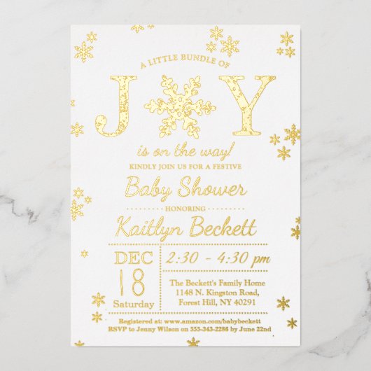 喜びの小さなバンドルのクリスマスベビーシャワー実在 箔招待状 (正面)