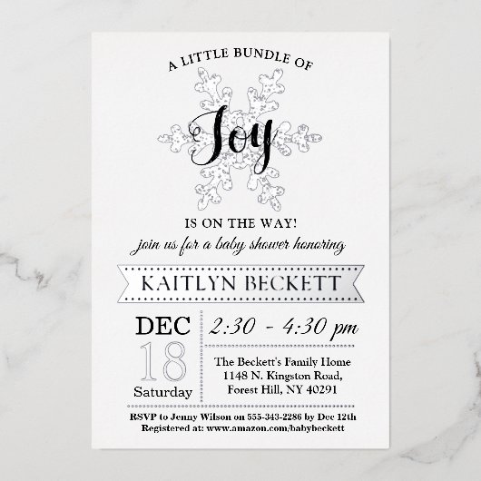 喜びの小さなバンドルのクリスマスベビーシャワー実在 箔招待状 (正面)