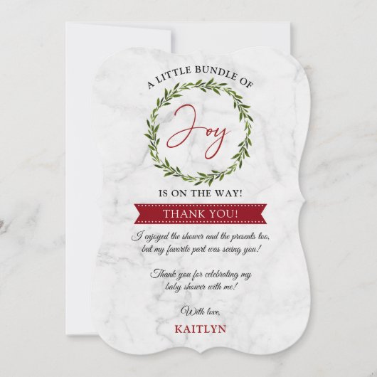 喜びの小さなバンドルのクリスマスベビーシャワー サンキューカード (正面)