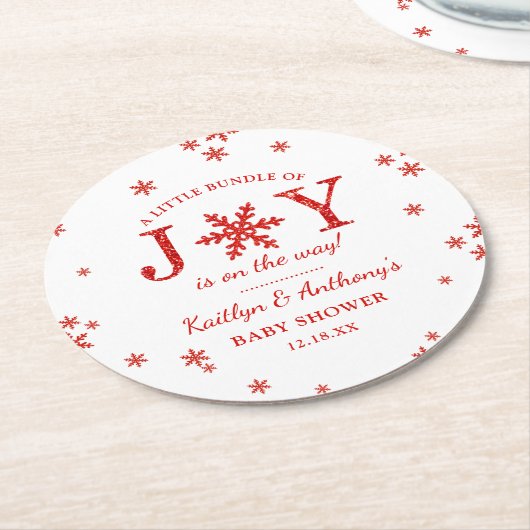 喜びの小さなバンドルのクリスマスベビーシャワー ラウンドペーパーコースター (アングル)