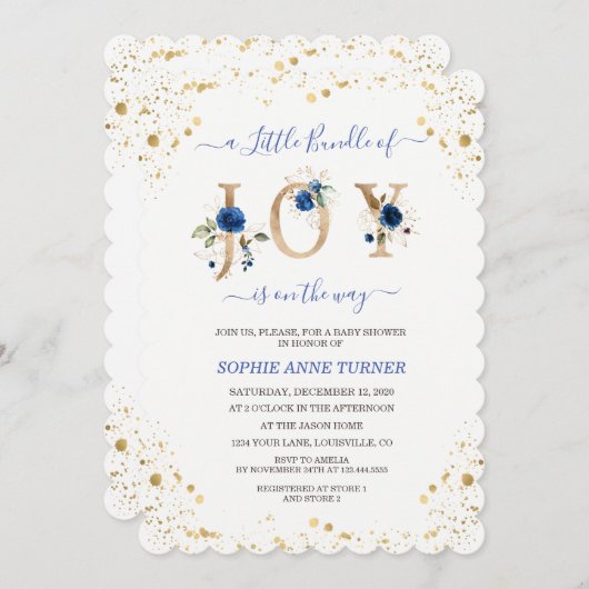 喜びの小さなバンドルの青いフローラ男の子の赤ちゃんシャワー 招待状 (正面/裏面)