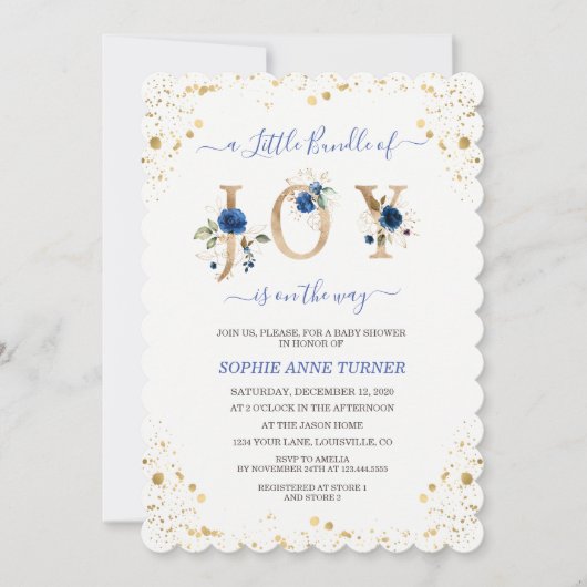 喜びの小さなバンドルの青いフローラ男の子の赤ちゃんシャワー 招待状 (正面)