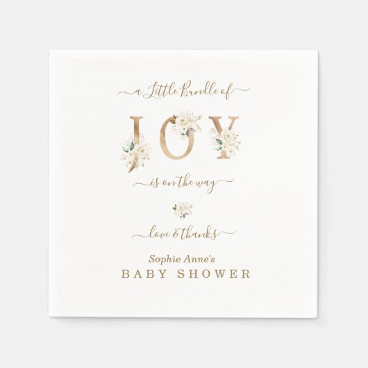 喜びの小さなバンドル白い金ゴールドフローラ赤ちゃんシャワー スタンダードカクテルナプキン (正面)
