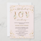 喜びの小さなバンドル白い金ゴールドフローラ赤ちゃんシャワー 招待状 (正面)
