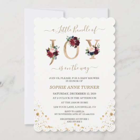 喜びの小さなバンドルBurgundyフローラ赤ちゃんシャワー 招待状 (正面)