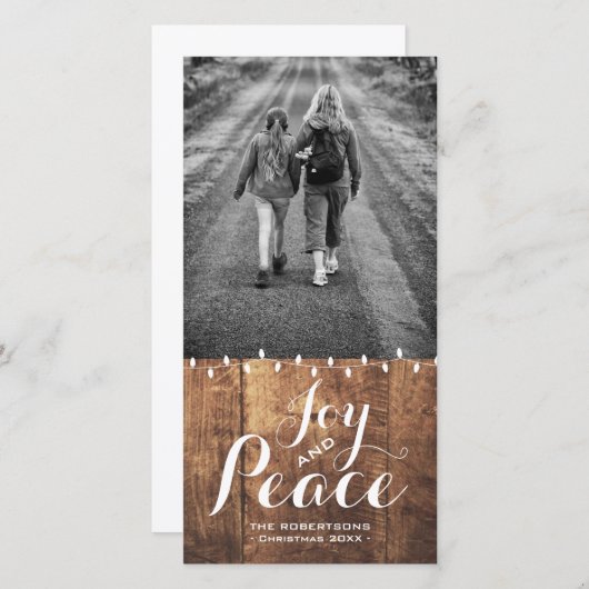喜びの平和クリスマスは写真木ライトv2を望みます シーズンカード (正面/裏面)