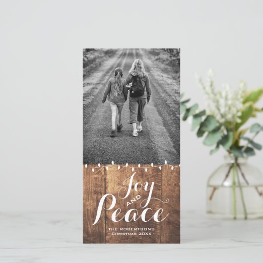 喜びの平和クリスマスは写真木ライトv2を望みます シーズンカード (スタンド正面)