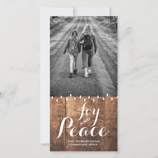 喜びの平和クリスマスは写真木ライトv2を望みます シーズンカード (正面)