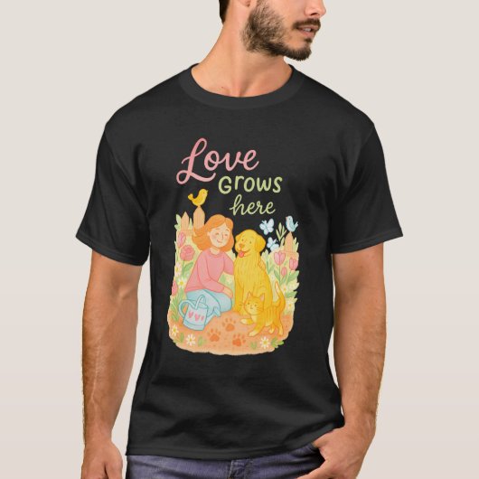 喜びの庭園 フラワー ヴィンテージ ペット ラバー Tシャツ (正面)