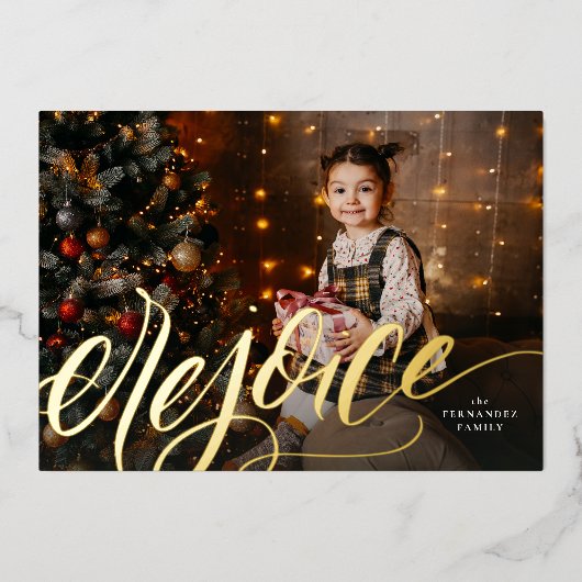 喜びの手書きスクリプト宗教的クリスマス 箔シーズンカード (正面)