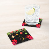 喜びの明るいクリスマスのつまらないもののオーナメントおよび花 スクエアペーパーコースター (インサイチュ)