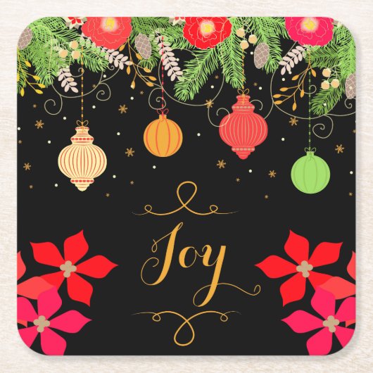 喜びの明るいクリスマスのつまらないもののオーナメントおよび花 スクエアペーパーコースター (正面)