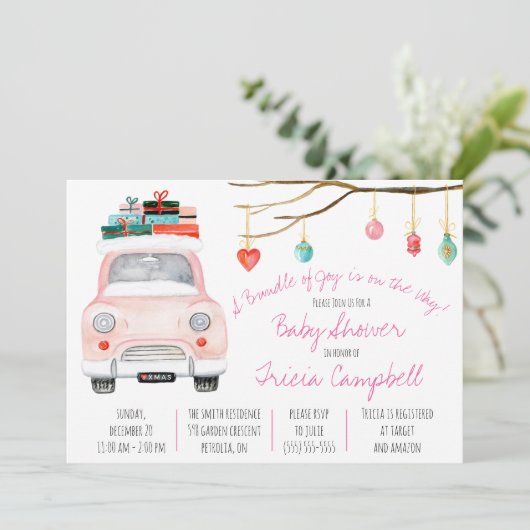 喜びの束が途中だ！ピンク色の赤ちゃんシャワー 招待状 (スタンド正面)