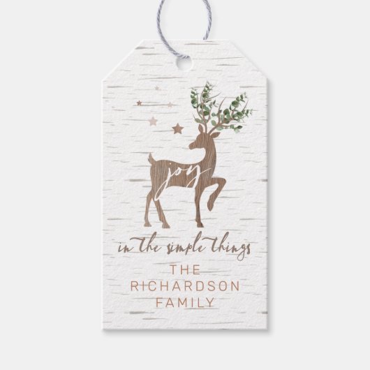 喜びの樺の木シンプルバークウッドグレインディアー ギフトタグ (正面)