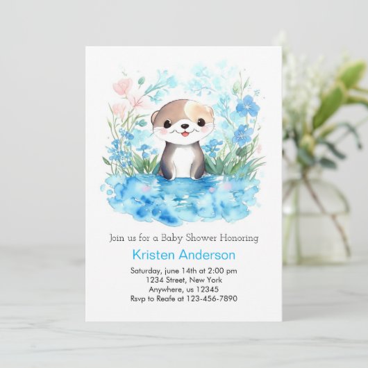 喜びの水の色の男の子のシャワー 招待状 (スタンド正面)