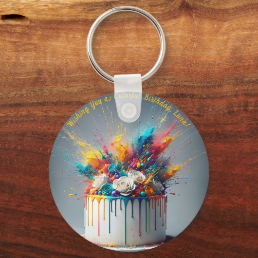 喜びの爆発 – ハッピーバースデーケーキ キーホルダー (正面)