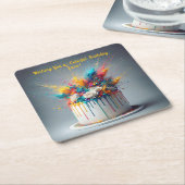 喜びの爆発 – ハッピーバースデーケーキ スクエアペーパーコースター (アングル)