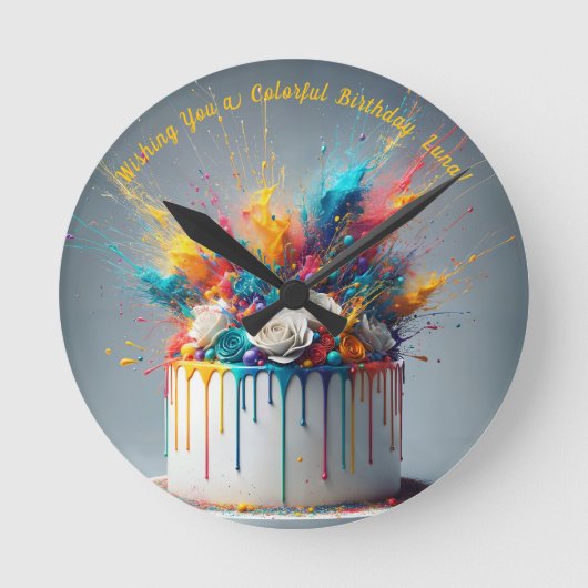 喜びの爆発 – ハッピーバースデーケーキ ラウンド壁時計 (正面)