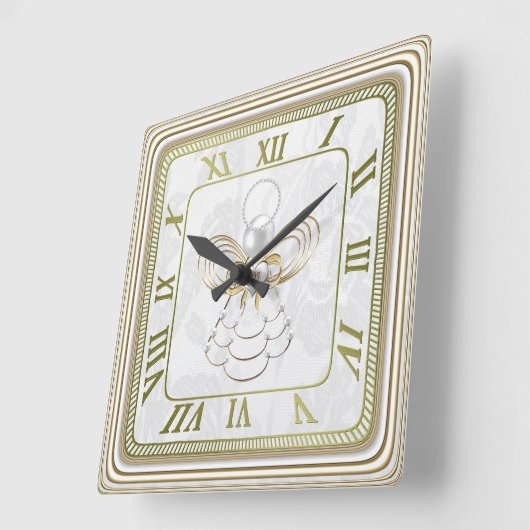 喜びの真珠そして金の金属クリスマスの天使 スクエア壁時計 (傾斜)