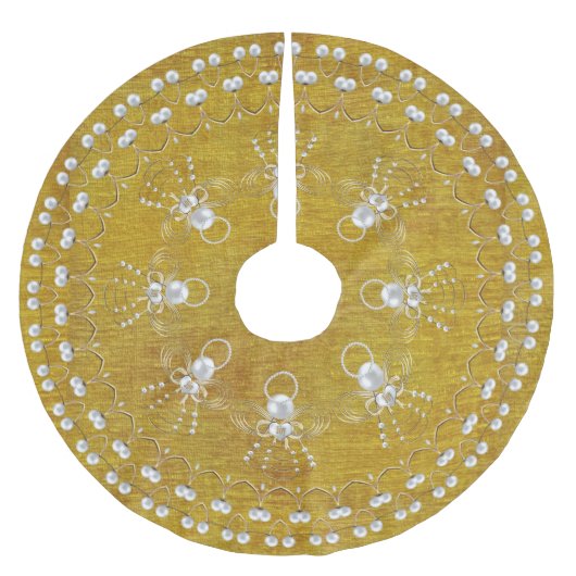 喜びの真珠そして金の金属クリスマスの天使 ブラッシュドポリエステルツリースカート (正面)