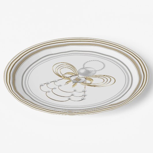 喜びの真珠そして金の金属クリスマスの天使 ペーパープレート (アングル)