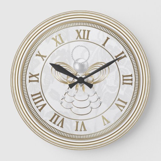 喜びの真珠そして金の金属クリスマスの天使 ラージ壁時計 (正面)